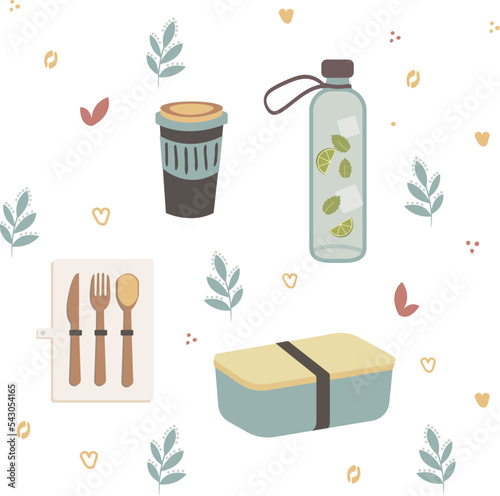 Zero waste lunch set. Vector illustration. Bamboo cultery, lunch box, reusable coffee cup and glass bottle of water. Eco lifestyle. No plastic.