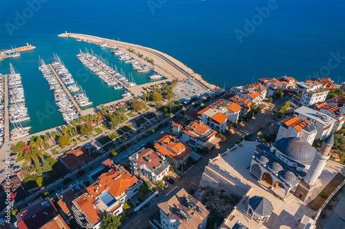 Aerial top View marina with mosque in Finike of Antalya Turkey. Landscape summer time photo