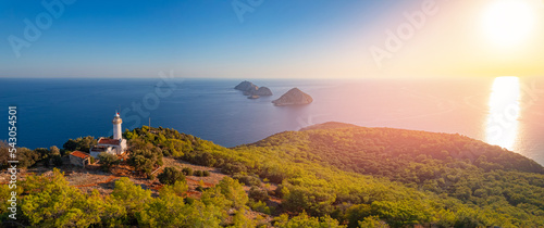 Fototapeta Naklejka Na Ścianę i Meble -  Panorama Gelidonya lighthouse on Lycian Way Antalya Turkey. Concept beautiful summer travel landscape Aerial top view