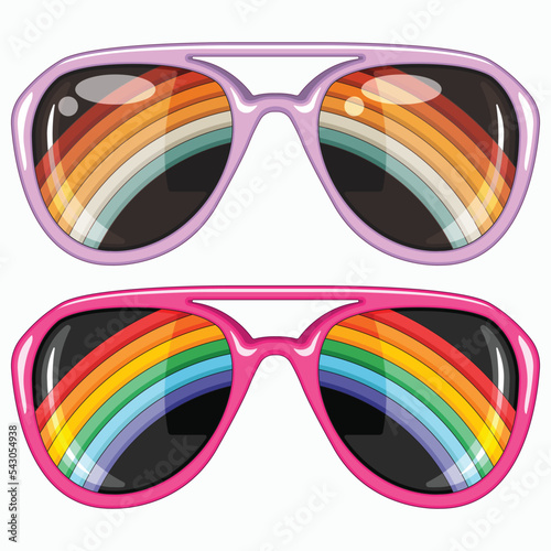 Retro shades with rainbow reflection vector set.