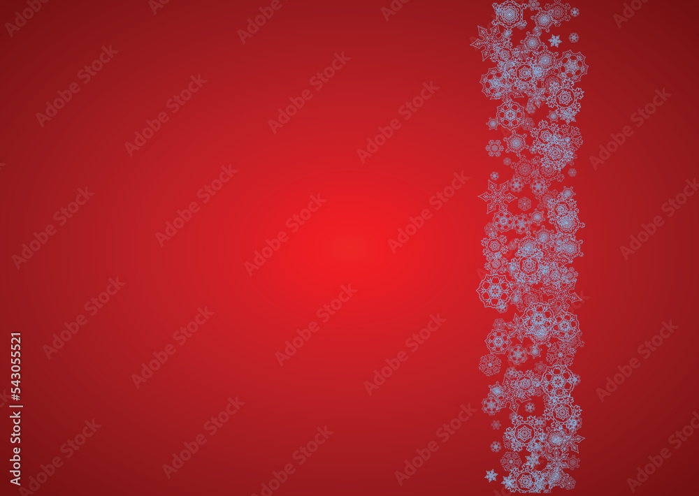 Christmas frame with snowflakes on red background. Santa Claus colors. Horizontal Christmas frame for holiday banners, cards, sales, special offers. Falling snow with bokeh and flakes for celebration