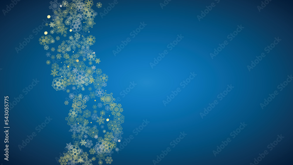 New Year frame with gold snowflakes on blue background. Horizontal  Christmas and New Year frame for gift certificate, ads, banner, flyer, sales offers, event invitations. Glitter snow with sparkle