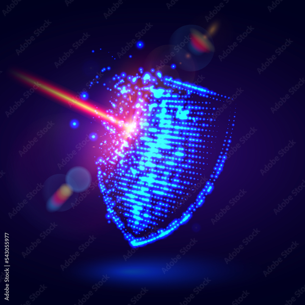 Laser digital shield. Damaged protective shield. Breach of defense. Attack on the security system. Protect security and safety. Antivirus cyber protection concept. vector de Stock | Adobe Stock