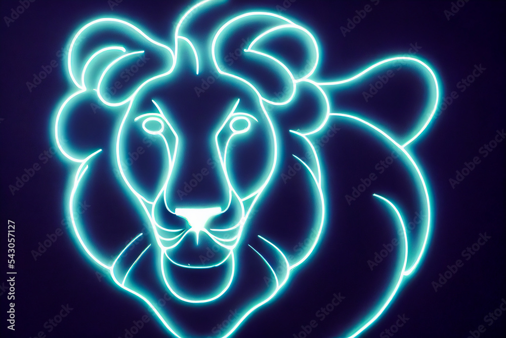 Portrait and face of a powerful and majestic lion. Fluorescent neon and multicolored lights in 3d. Portrait and face of a powerful and majestic lion. Fluorescent neon and multicolored lights in 3d.