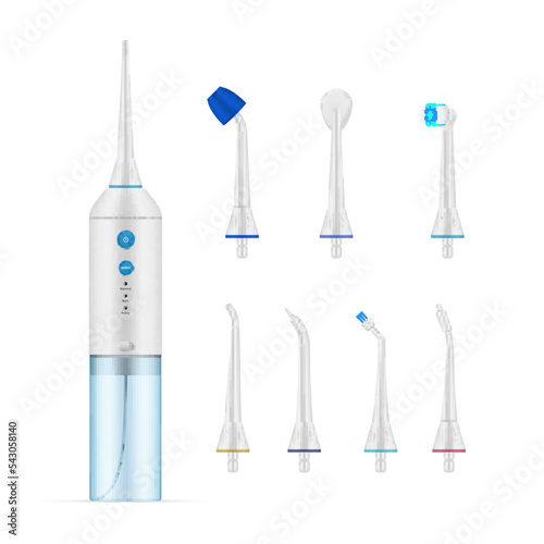 Oral irrigator nozzles dental cleaning care set realistic vector illustration. Dentistry hygiene