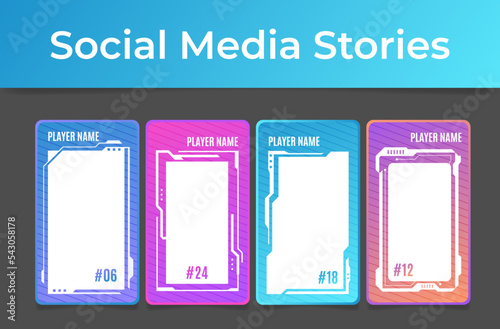 Player name cyber game screen panel vertical frame social media stories set vector illustration