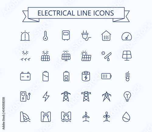 Renewable energy linear thin icons. Solar energy line icons. Editable stroke. 24x24 px. Pixel Perfect.