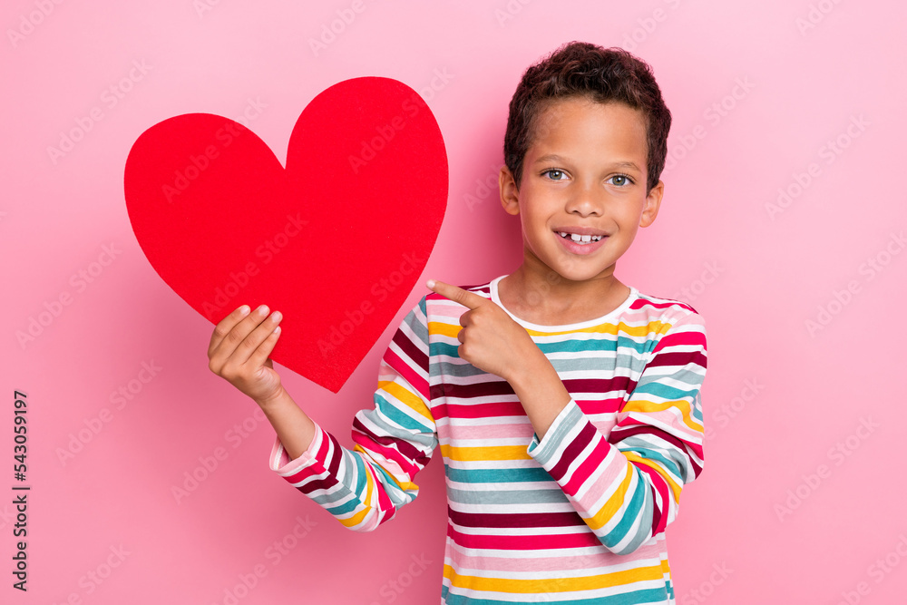 Photo of positive cheerful schoolboy with curly hairstyle wear striped long sleeve pointing at red heart isolated on pink color background Photo of positive cheerful schoolboy with curly hairstyle wear striped long sleeve pointing at red heart isolated on pink color background