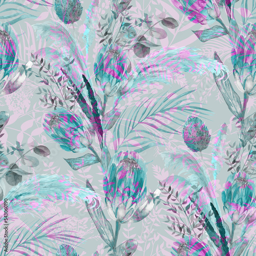Seamless watercolor mix pattern with monochrome black and white branches and fern leaves in boho style drawn