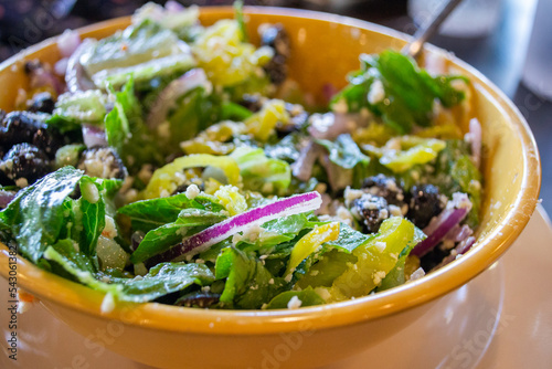 Closeup of greek salad bowl isolated