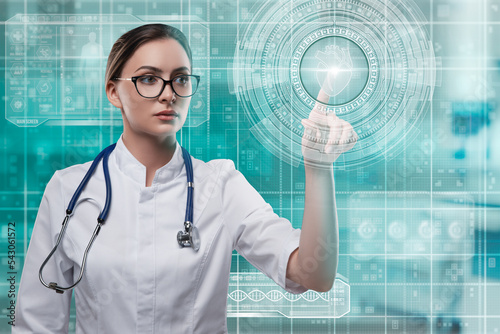 Woman doctor pointing hud futuristic interface. Heart examination concept photo