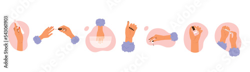 Set of female hands with a manicure. Women's hand manicure collection. Nail care, beauty treatment aesthetic. Vector illustration in cartoon style. Isolated white background