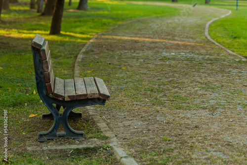 Empty bench in the autumnal park with path , rest area away from the noise of the city © ERDAL SEKER