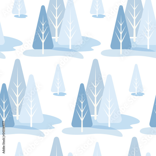Seamless pattern of winter forest with simple trees on isolated white background. Geometric design for wrapping paper, scrapbook, greeting card, celebration of Christmas, New Year, Winter holidays.