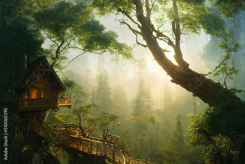 Concept art illustration of hermitage or forester lodge in the woods photo