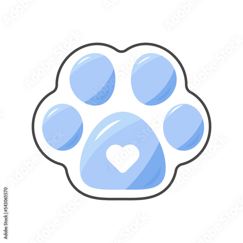 Vector Cute dog cat paw logo icon for pet shop, zoo, print, children, textile, grooming salon. Animal paw with heart blue color trendy and cute. Paw sticker	
