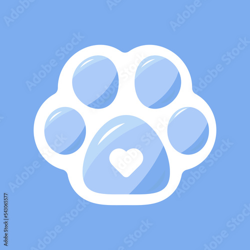 Vector Cute dog cat paw logo icon for pet shop, zoo, print, children, textile, grooming salon. Animal paw with heart blue color trendy and cute.