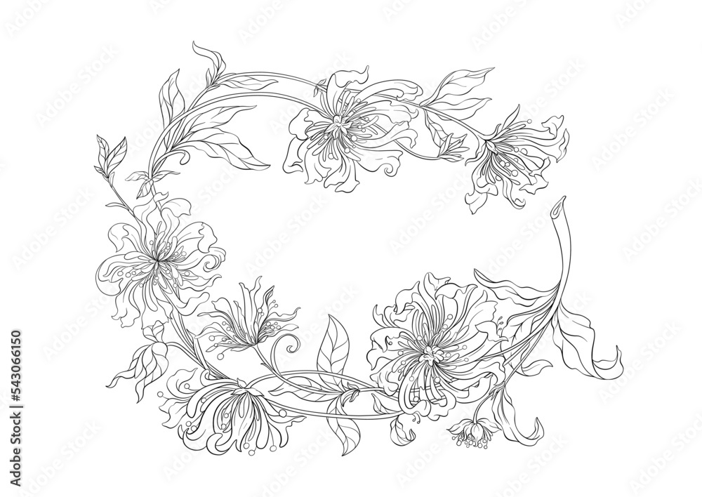 Decorative flowers and leaves in art nouveau style, vintage, old, retro style. Clip art, set of elements for design Vector illustration.