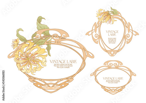 Decorative flowers and leaves in art nouveau style, vintage, old, retro style. Border, frame, template for product label, cosmetic packaging. Easy to edit. Vector illustration.