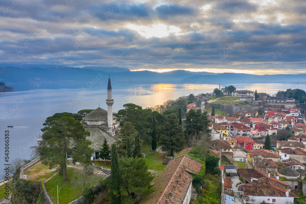 Aerial view of Ioannina city in Greece, Aslan Pasha Tzami, the lake with the island of Kyra Frosini or nissaki.