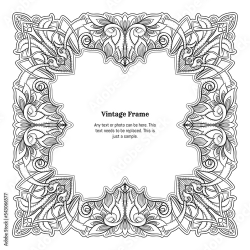 Decorative ornament border, frame, template for product label, cosmetic packaging. In art nouveau style, vintage, old, retro style. Vector illustration.