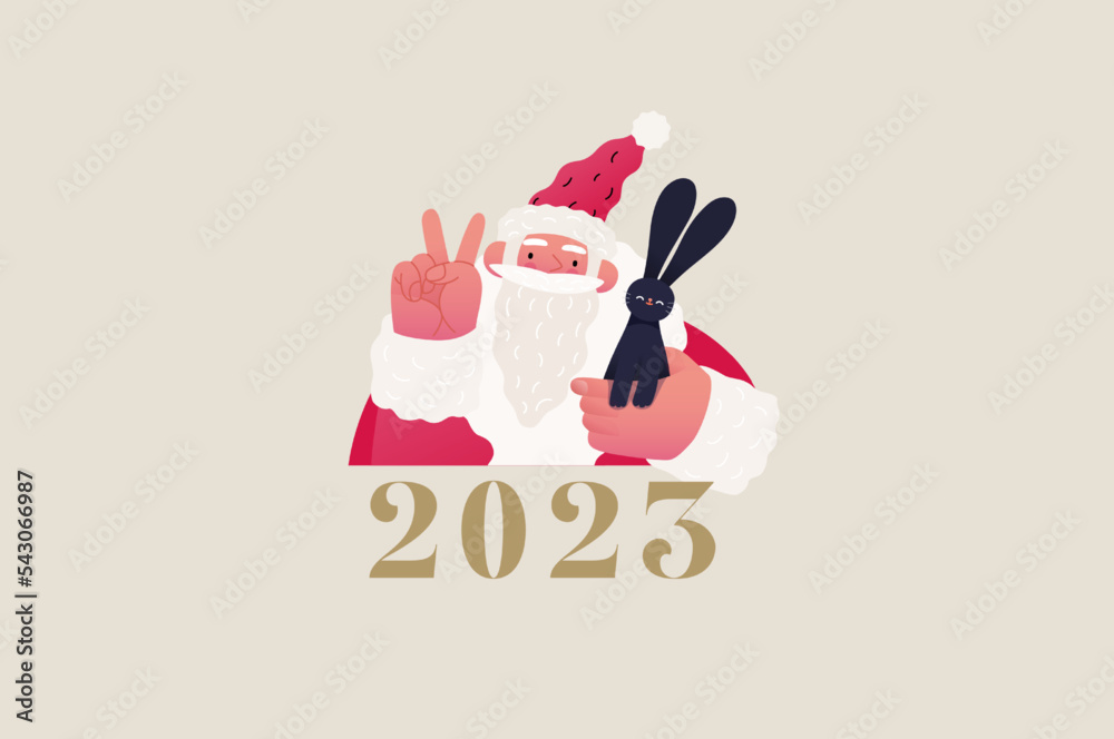 Santa Claus and the black Rabbit Christmas and New 2023 Year postcard