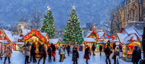 People buy gifts and Christmas trees at the Christmas market