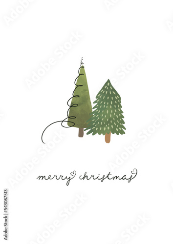 Postcard with Christmas trees. Festive card with green fir trees and merry christmas lettering. Minimalistic new year card isolated on white background