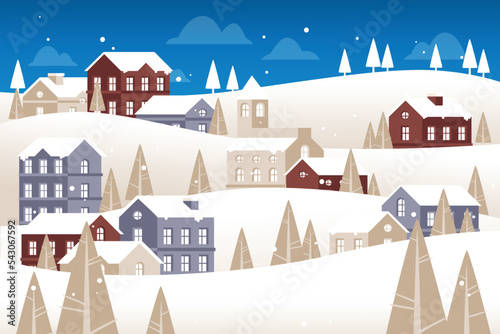 hand drawn flat winter village vector design illustration