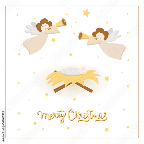 Christmas cute angel. Blue angel figure isolated on dark blue background with stars. Portrait view of flying angelic character in blue clothes. Vector design for greeting cards and invitations