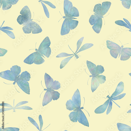 butterflies and dragonflies drawn in watercolor, collected for design in a seamless pattern