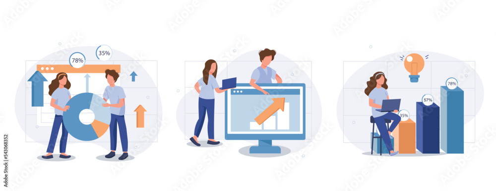 Fototapeta premium Data analysis web concept with people scenes set in flat style. Bundle of searching statistics at charts or graphs, making financial reports, research market. Vector illustration with character design