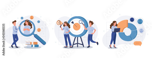 Focus group web concept with people scenes set in flat style. Bundle of market research of audience, aim at group, analyzing data and customer behavior. Vector illustration with character design