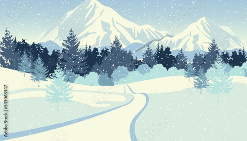 Winter mountains with woodland background illustration. Winter vacation, nature scenery. Snow falling. Christmas background. Flat vector illustration