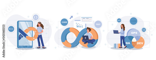 DevOps web concept with people scenes set in flat style. Bundle of programmers interact with tech support engineers, administration development operations. Vector illustration with character design