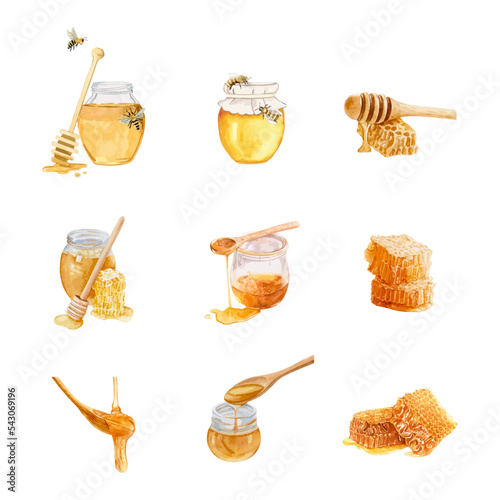 Set of watercolor honey elements. Hand drawn watercolor vector illustration