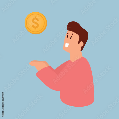 Portrait of happy smiling cartoon character man in pink shirt holding coin isolated over blue background.  investment concept. illustration.