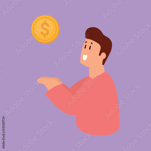 Portrait of happy smiling cartoon character man in pink shirt holding coin isolated over purple background.  investment concept. illustration.