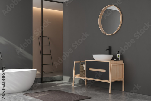 Modern minimalist bathroom interior  modern bathroom cabinet  white sink  wooden vanity  interior plants  bathroom accessories  bathtub and shower  black and beige walls  concrete floor. 3d rendering