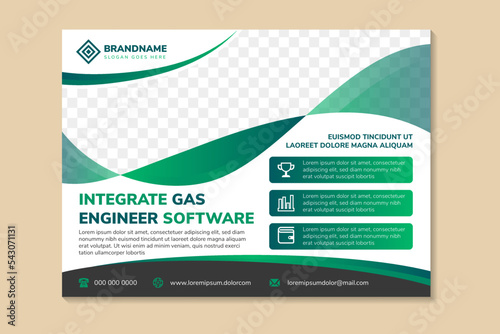flyer template design with headline is integrate gas engineer software. space of photo collage and text. Advertising banner with horizontal layout. green gradient elements with white background.