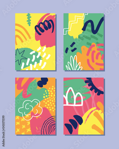 Set of vertical backgrounds with stains  textures and geometric shapes. Bright colors. Hand drawn vector pattern.