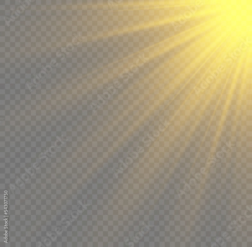 Flash gold light with rays and spotlight. Golden star burst with sparkles. Translucent shine sun, bright flare. Sunlight glowing png effect. Yellow beam sunrays on transparent background. Vector