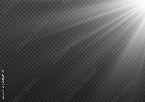 Sun light flash with rays and spotlight. Star burst with sparkles. Translucent shine sun, bright flare. Sunlight glowing png effect. White beam sunrays on transparent background. Vector illustration.