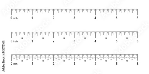 Set of 6 inches scale for ruler with markup, numbers and fractions. Math or geometric tools for distance, height or length measuring isolated on white background. Vector outline illustration
