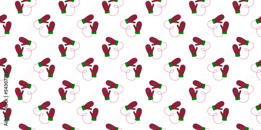 Mitten pairs with zigzag pattern background. Repeating cozy woolen gloves. Christmas or New Year seamless design for scrapbooking or wrapping paper, napkin, tablecloth. Vector flat illustration Mitten pairs with zigzag pattern background. Repeating cozy woolen gloves. Christmas or New Year seamless design for scrapbooking or wrapping paper, napkin, tablecloth. Vector flat illustration