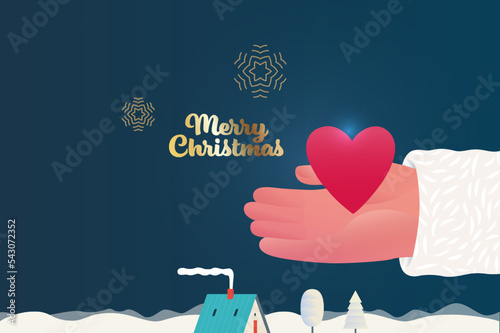 Christmas card with a Santa hand holding a heart -modern flat vector concept illustration of a heart in the Santa hand, winter landscape. Stars and snowflakes golden elements, Merry Christmass caption