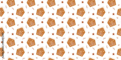 Glazed gingerbread houses seamless pattern. Traditional winter biscuit cookies background. Christmas or New Year scrapbooking or wrapping paper or fabric design. Vector flat illustration