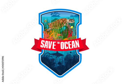 Vector emblem with green sea turtle, butterflyfish, clownfish, coral reef and white shark