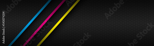 Black modern material header with overlapped layers and diagonal lines in cmyk colors. Template for your business. Vector abstract widescreen banner