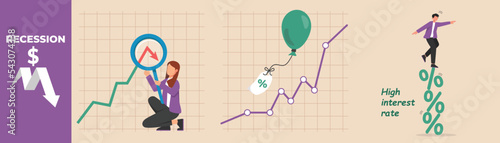 Businesswoman researching the stock market graph and Businessman balancing stand on high interest rate. Recession economy set concept. Flat vector illustrations isolated.